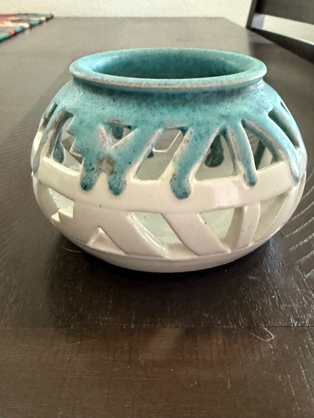 Vintage 1997 Signed Studio Pottery Bowl Turquoise White Cutout Design southwest